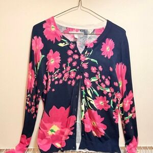 Classy Pink Floral Button Up Navy Blue Cardigan , Size M Old Navy